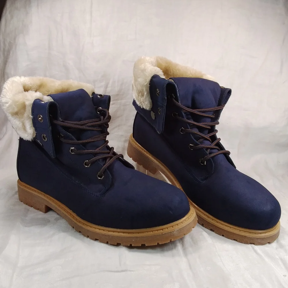 DREAM PAIRS Navy Blue BOOTS Womens Size 10 Faux Fur Lined Lace Up Fold Ankle